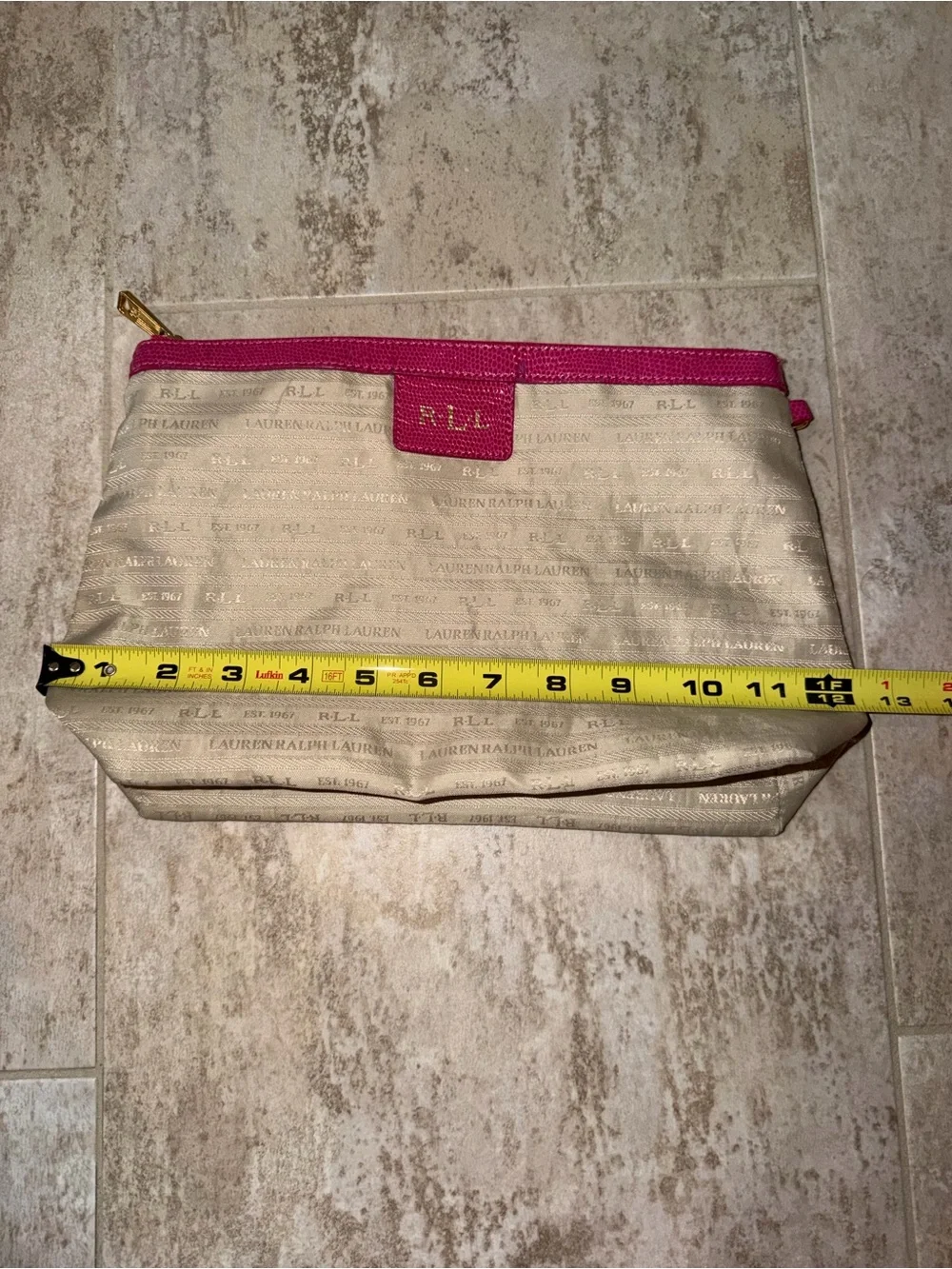 Ralph Lauren Beige Cosmetic Pouch with Hot Pink Trim